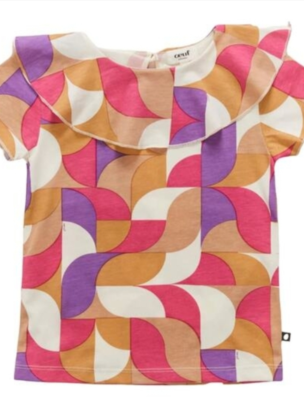 Oeuf Ruffle Collar Tee Fuchsia/Geometric Organic Pima Cotton  2/3Y